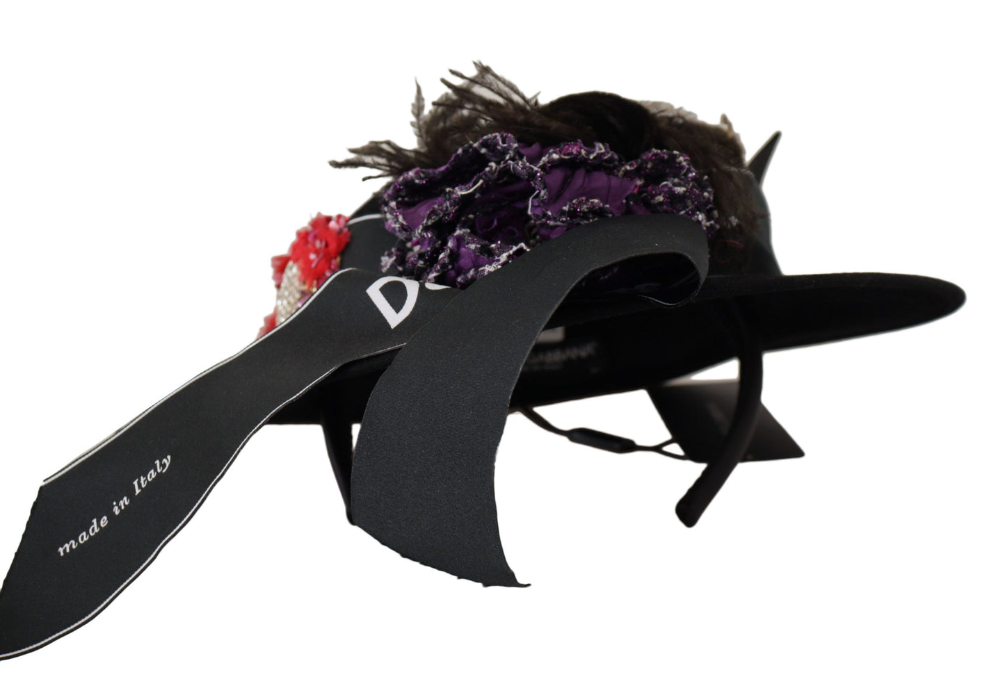 Sombrero Fedora con broche de pluma de corazón de cristal de lapislázuli negro