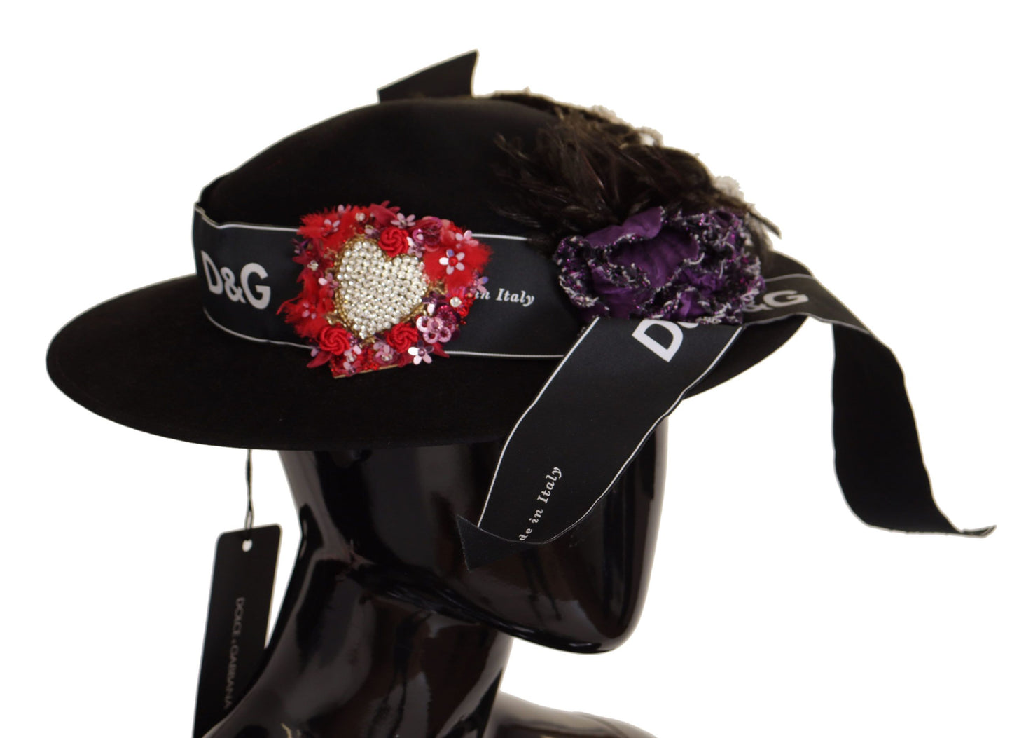 Sombrero Fedora con broche de pluma de corazón de cristal de lapislázuli negro