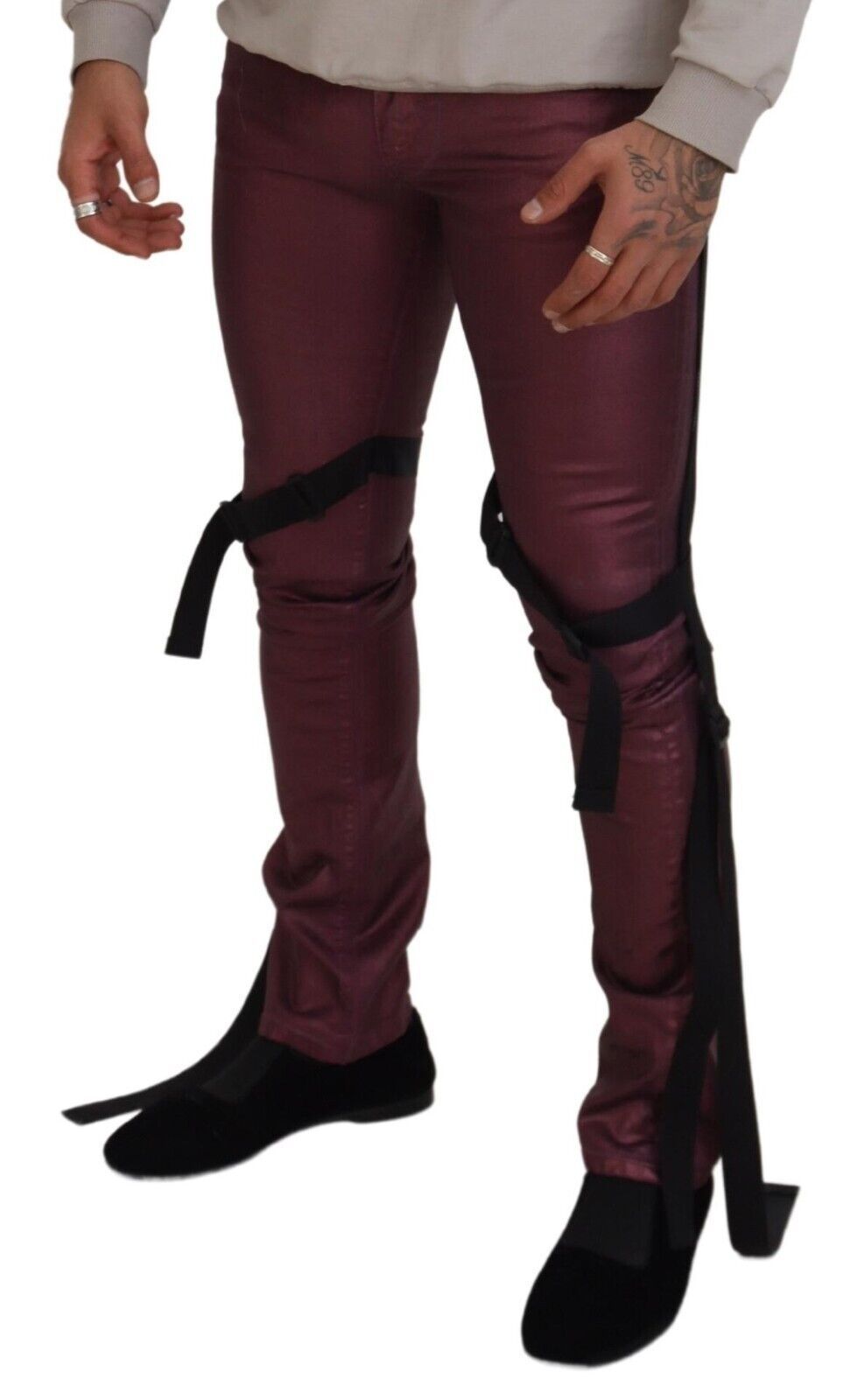 Jean décontracté en coton magenta pour homme avec harnais