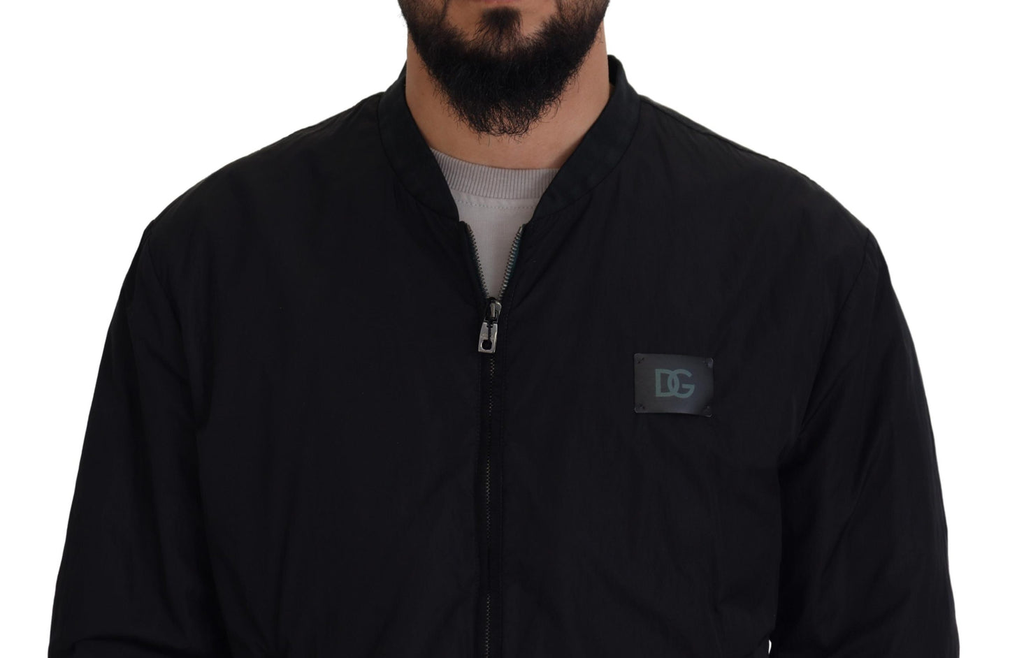 Chaqueta bomber de nailon negro con cremallera y logotipo