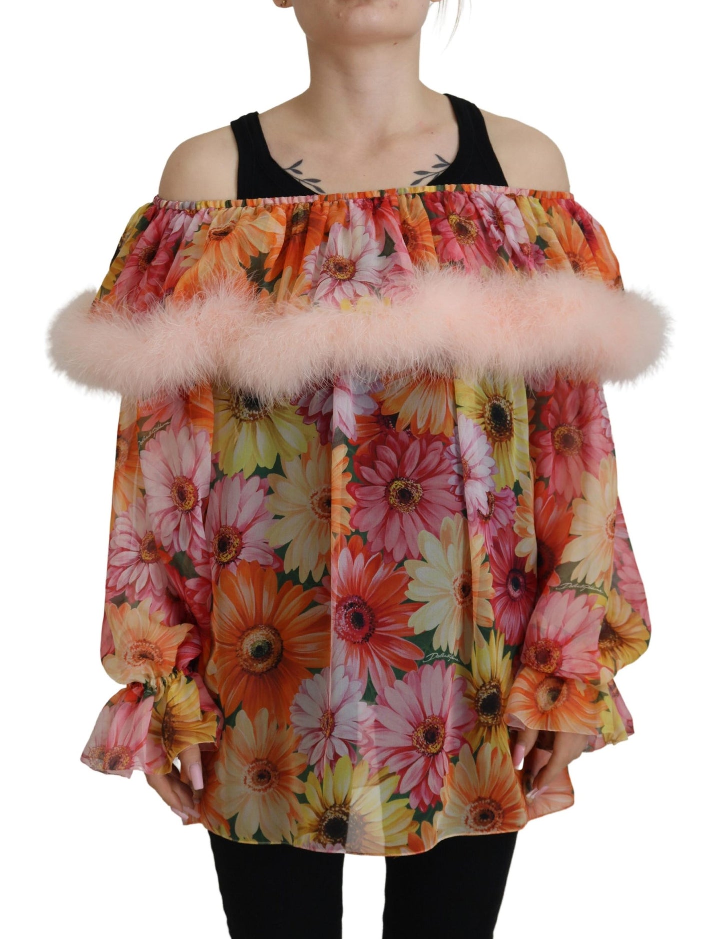 Blusa de piel de oveja con estampado floral multicolor