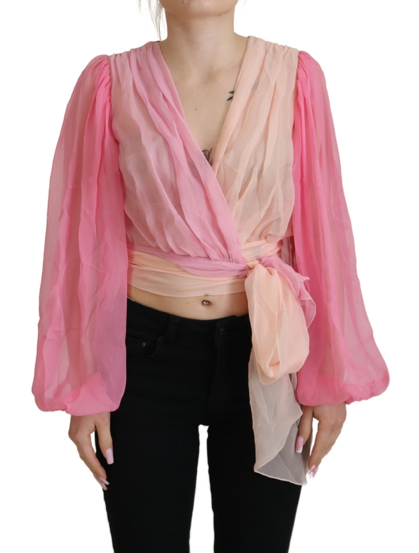 Blusa de manga larga cruzada de seda rosa
