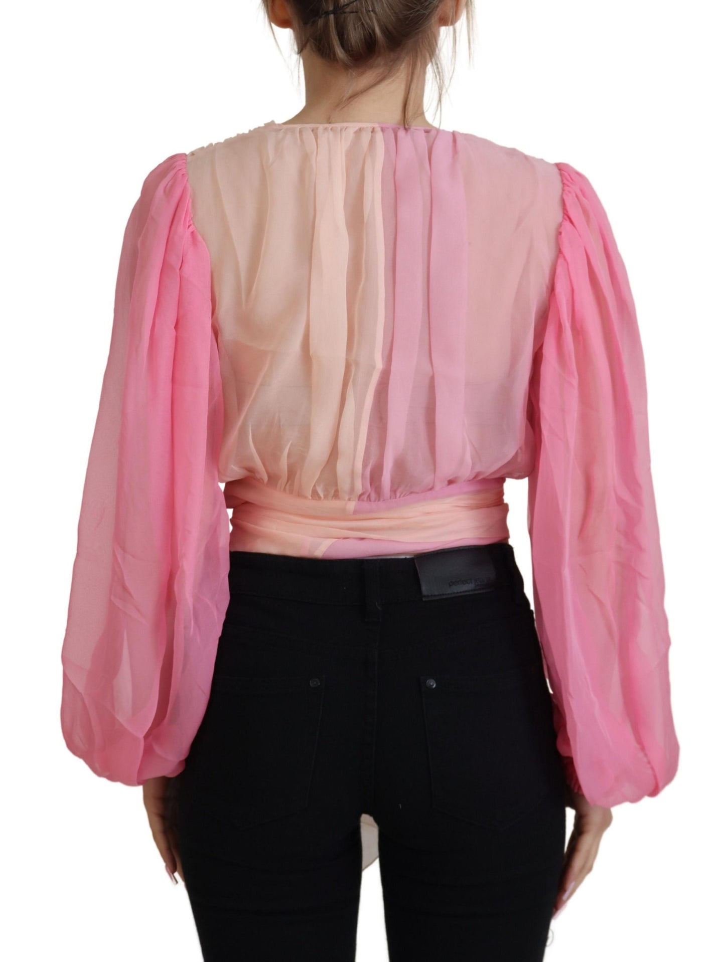 Blusa de manga larga cruzada de seda rosa