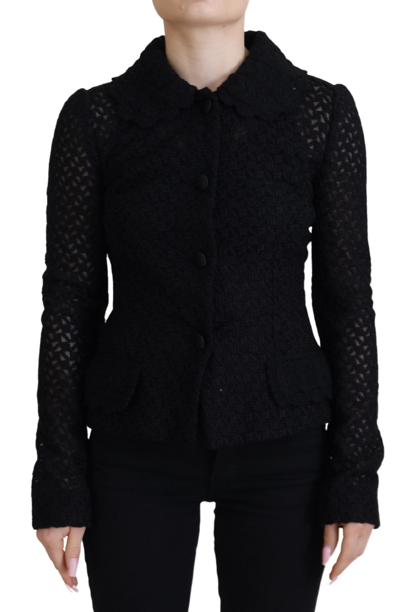 Chaqueta de punto de lana negra con cuello abotonado