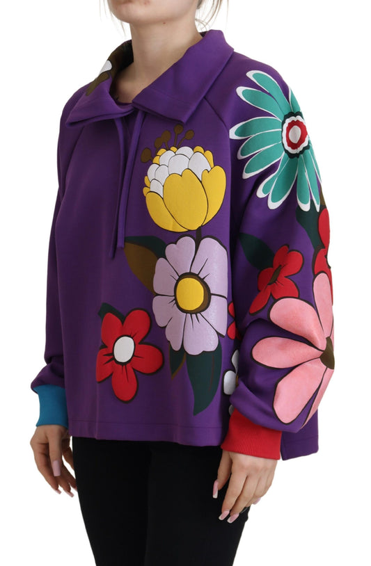 Purple Floral Print Pullover Cotton Sweater