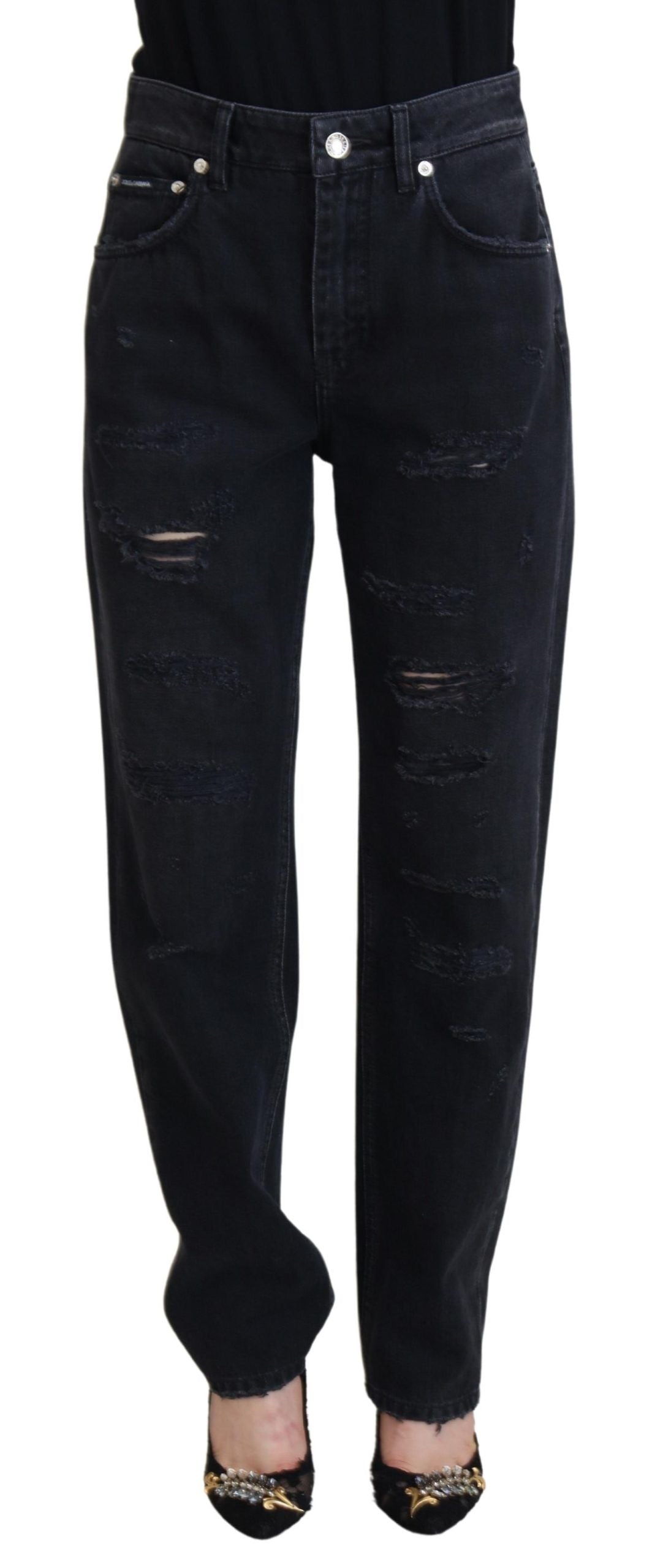 Jean taille haute en denim noir déchiré en coton