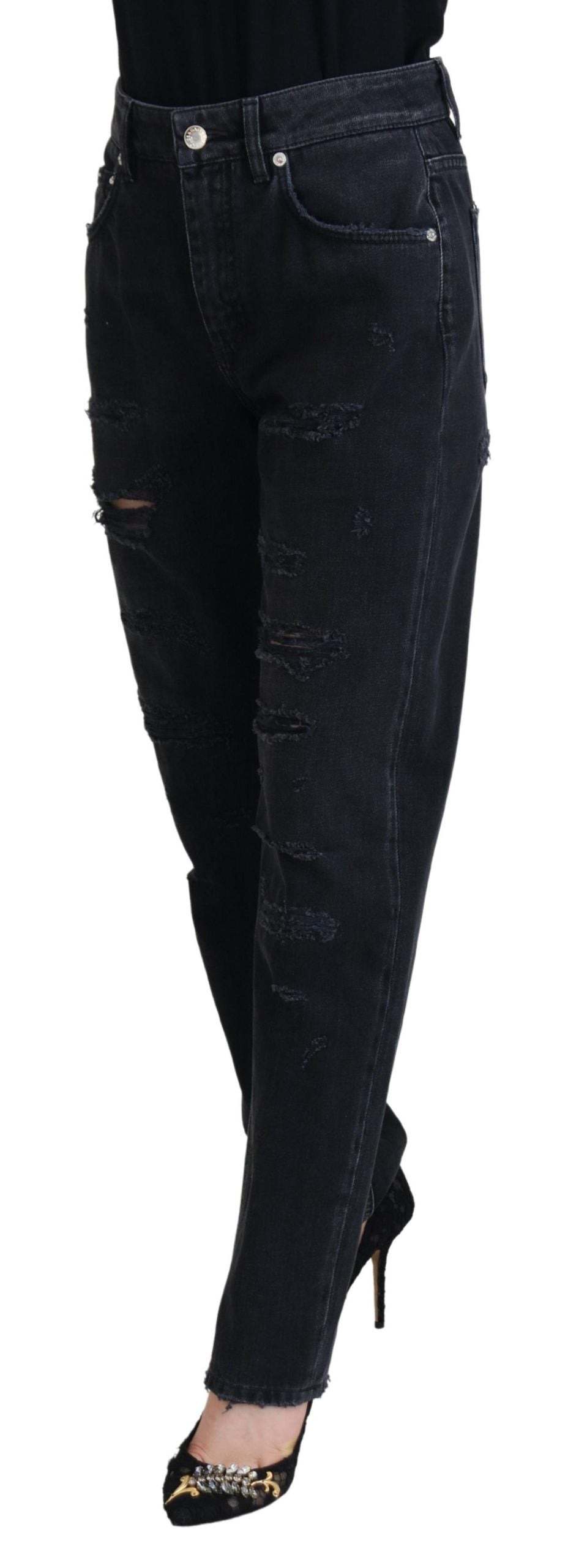Jean taille haute en denim noir déchiré en coton