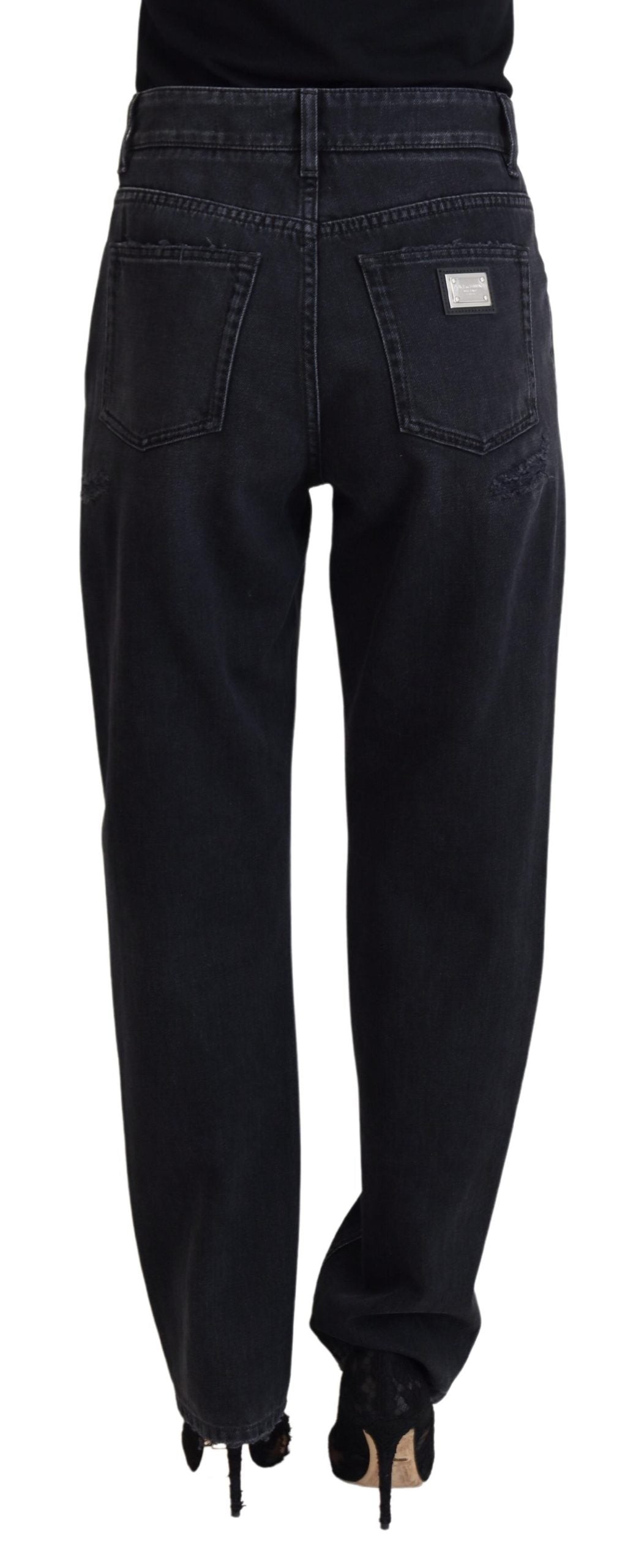 Jean taille haute en denim noir déchiré en coton