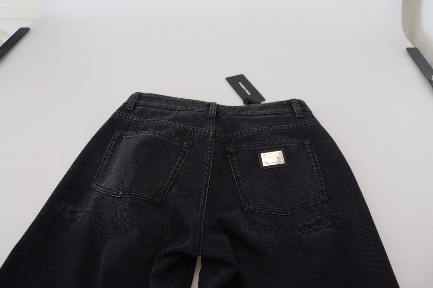 Jean taille haute en denim noir déchiré en coton