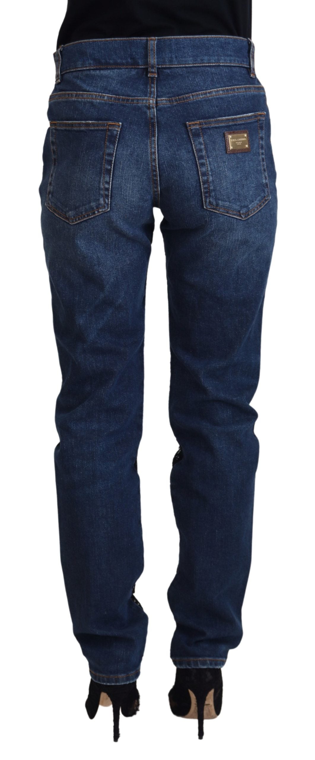 Jean skinny noir à dentelle florale sur le devant