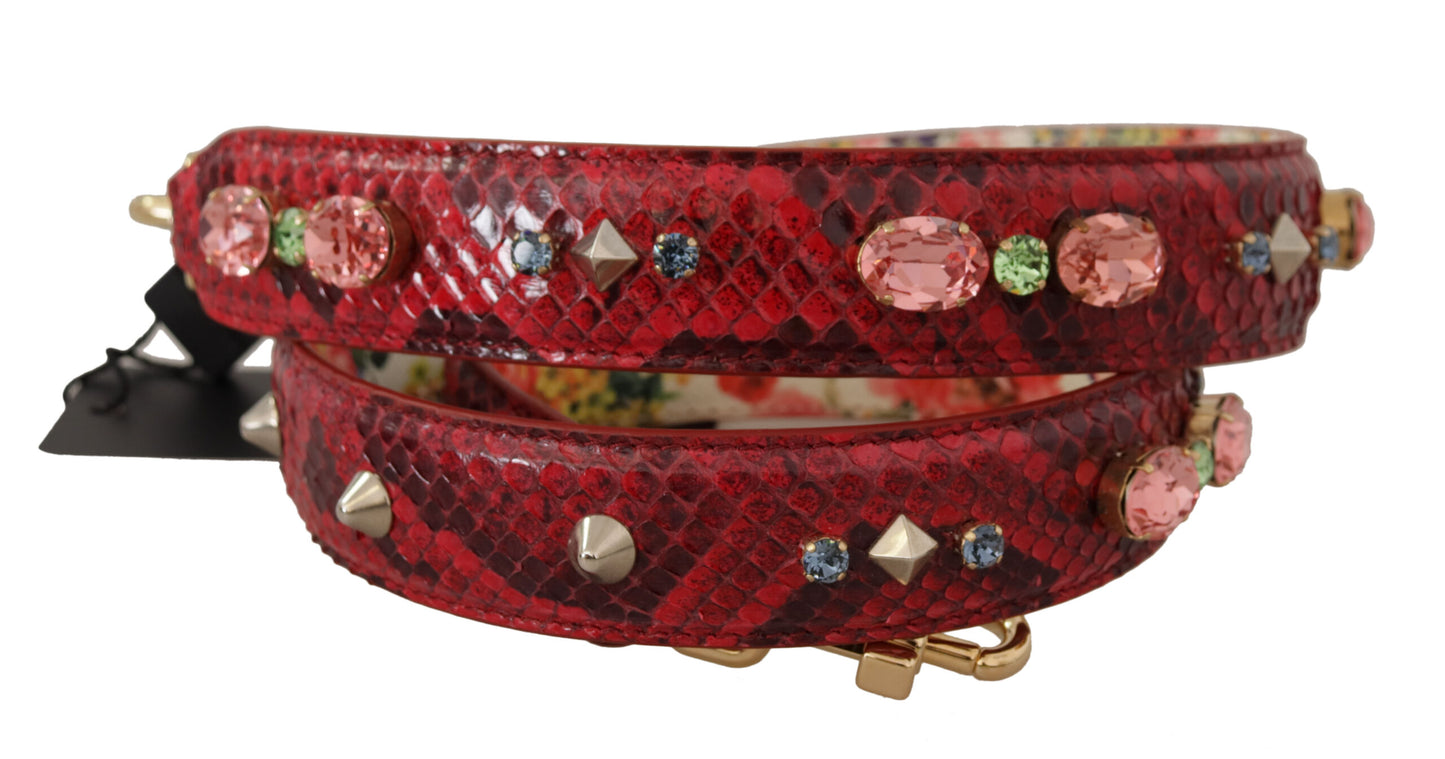 Correa de hombro reversible con cristales de cuero exótico rojo