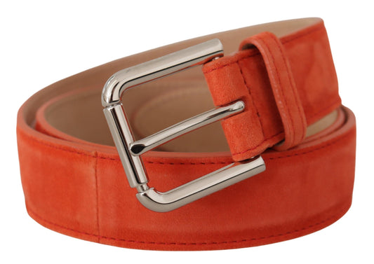 Orange Leather Suede Silver Logo Metal Buckle Belt
