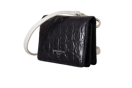 Cartera con tarjetero y correa de piel de caimán azul y blanca