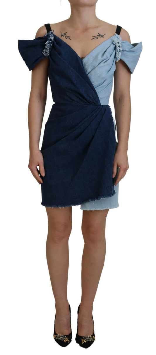 Minivestido vaquero de patchwork azul en dos tonos