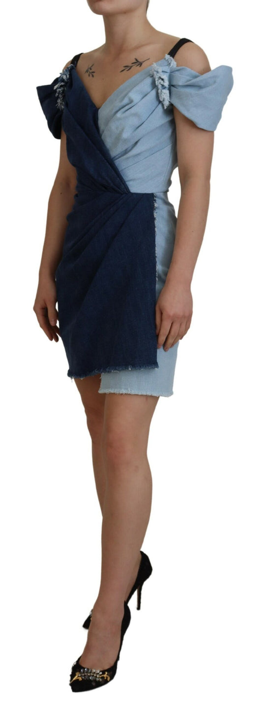 Minivestido vaquero de patchwork azul en dos tonos