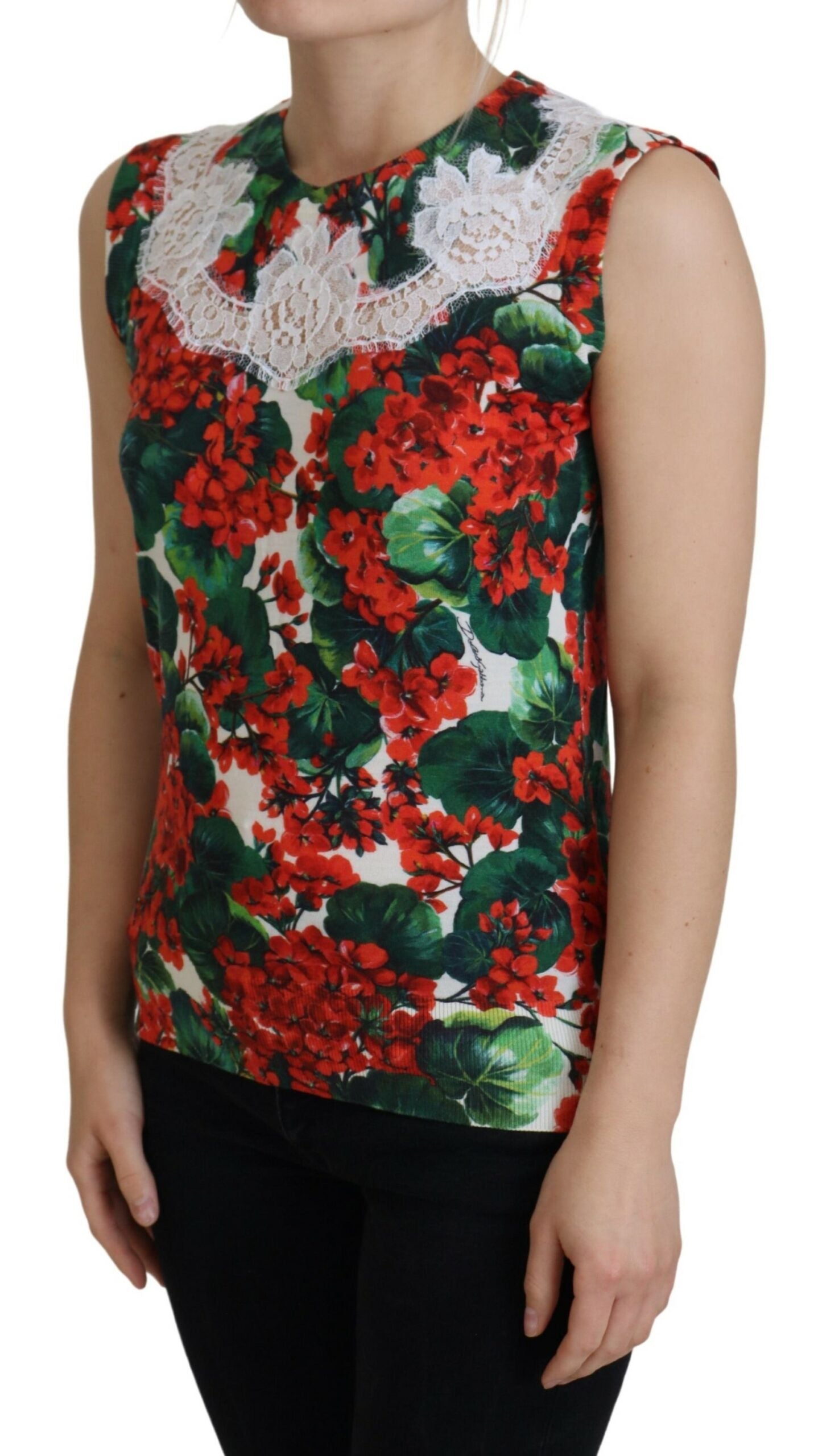 Camiseta sin mangas de encaje de lana con flores blancas