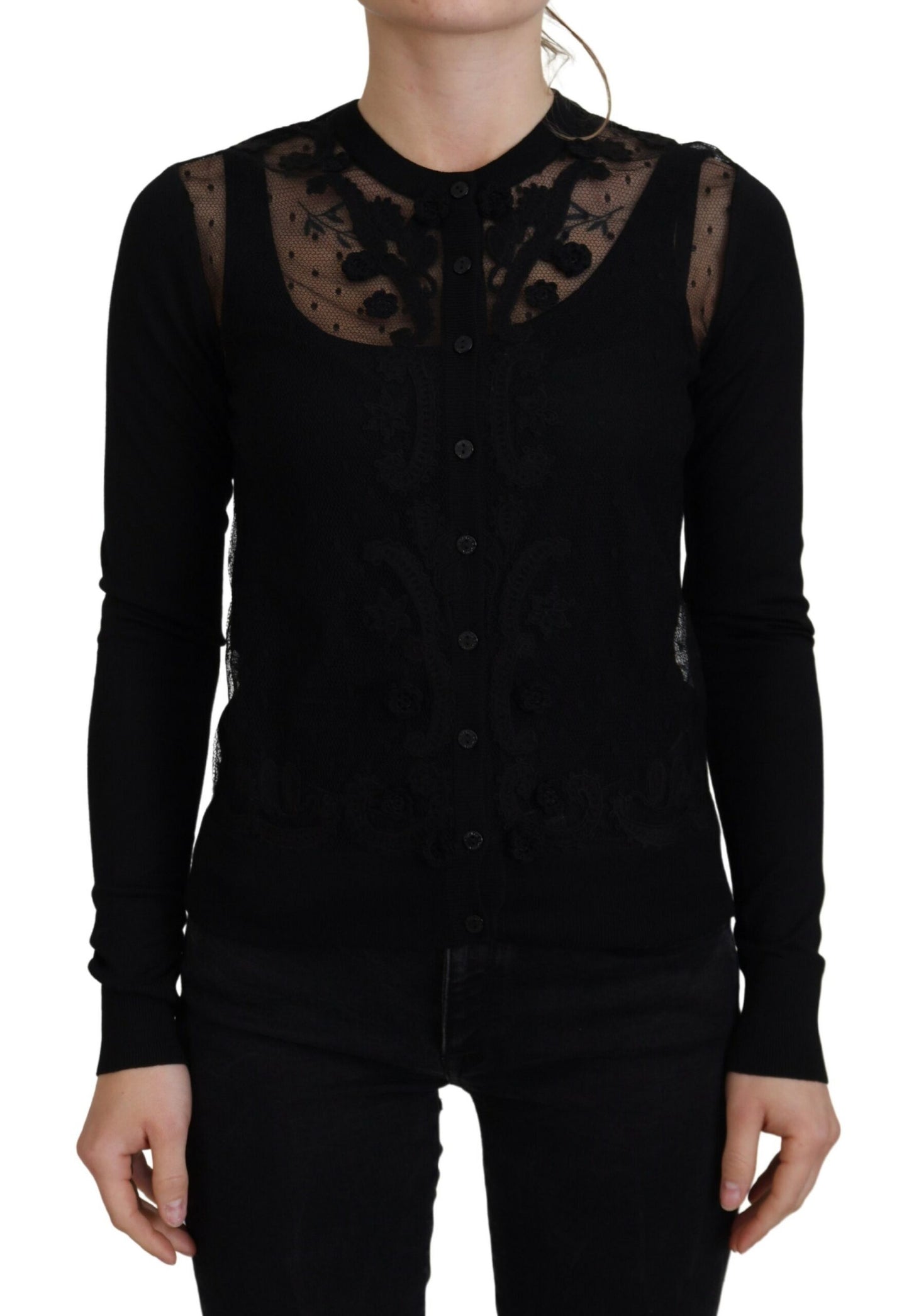 Pull cardigan noir à boutons en dentelle florale