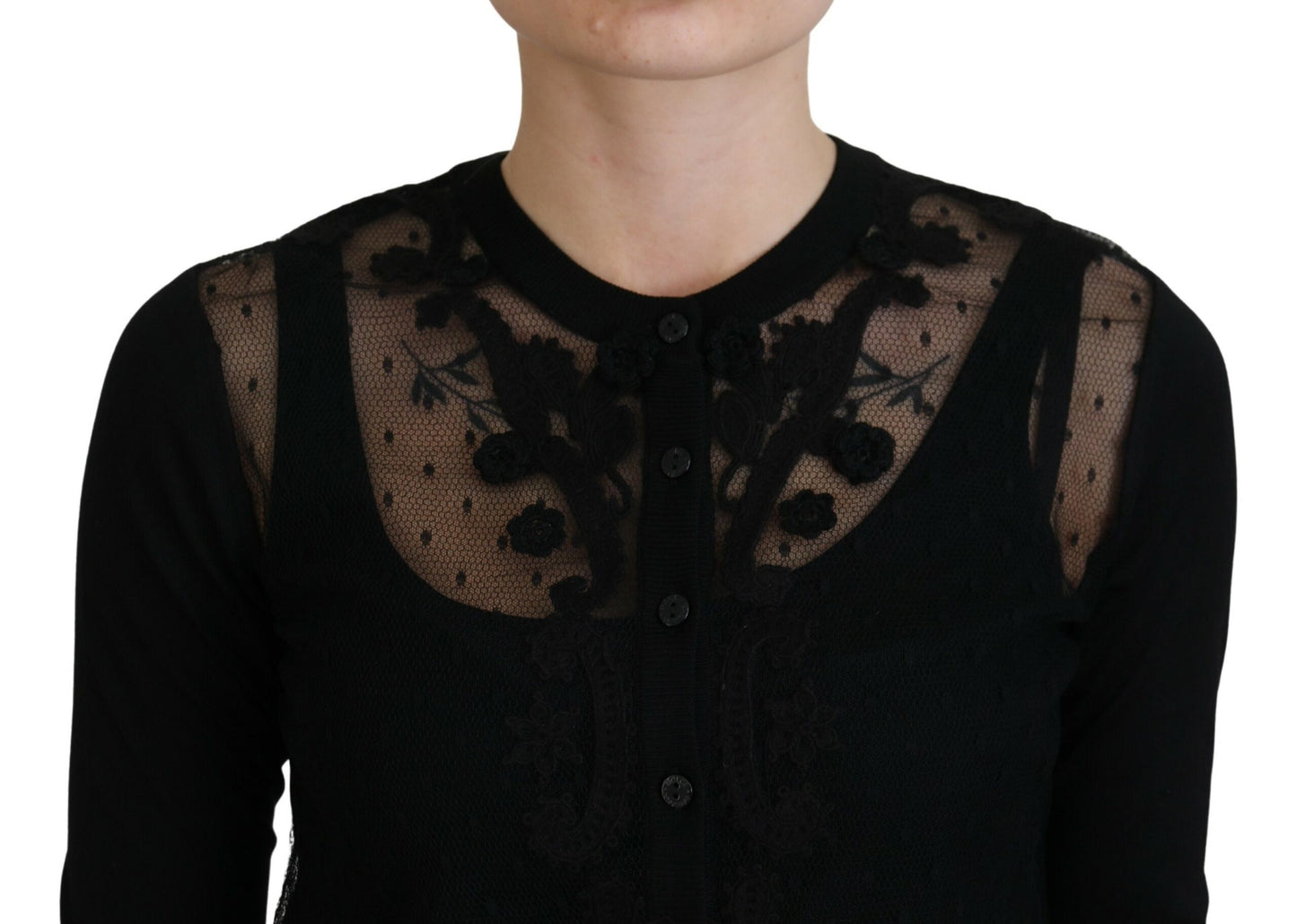 Pull cardigan noir à boutons en dentelle florale