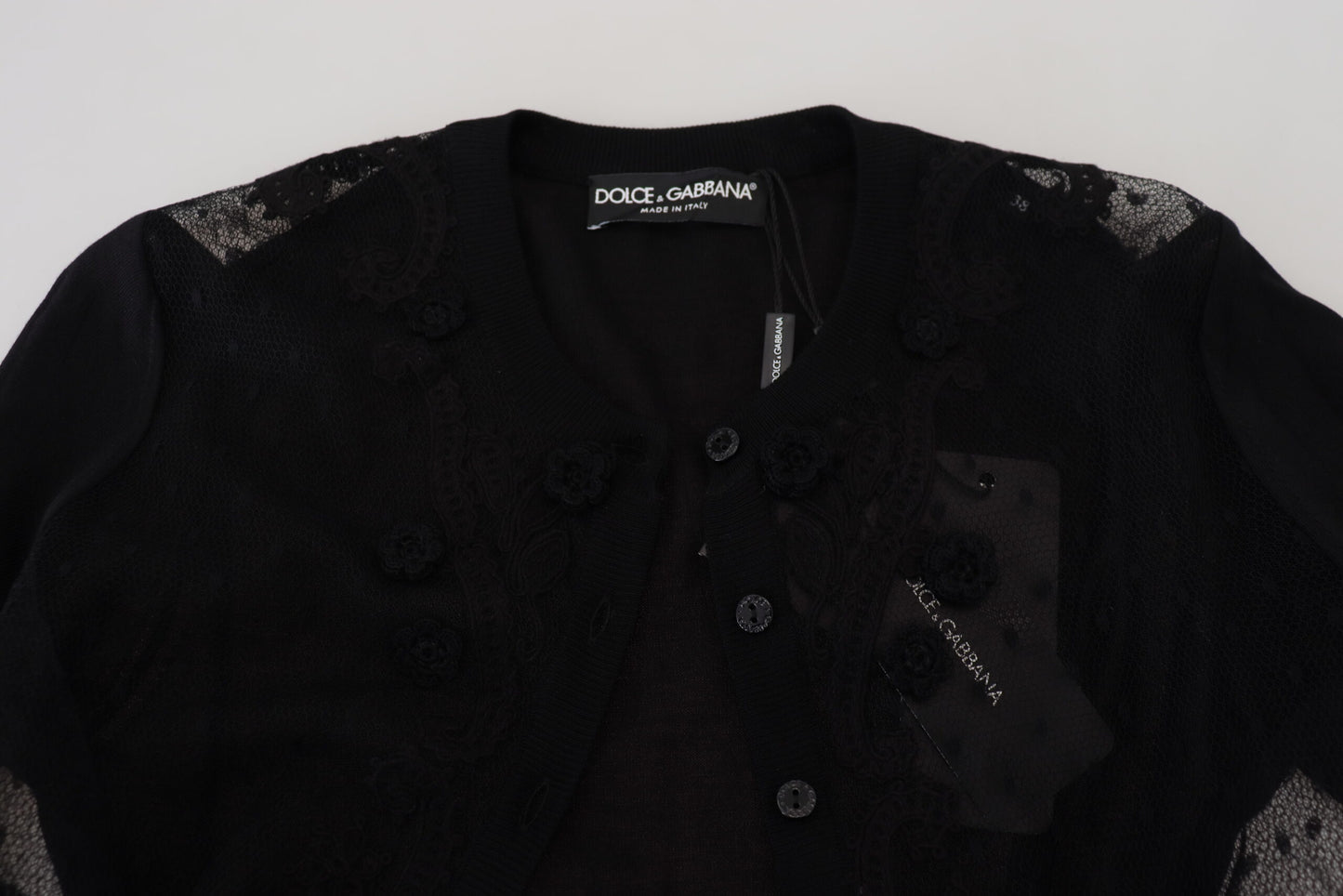 Pull cardigan noir à boutons en dentelle florale