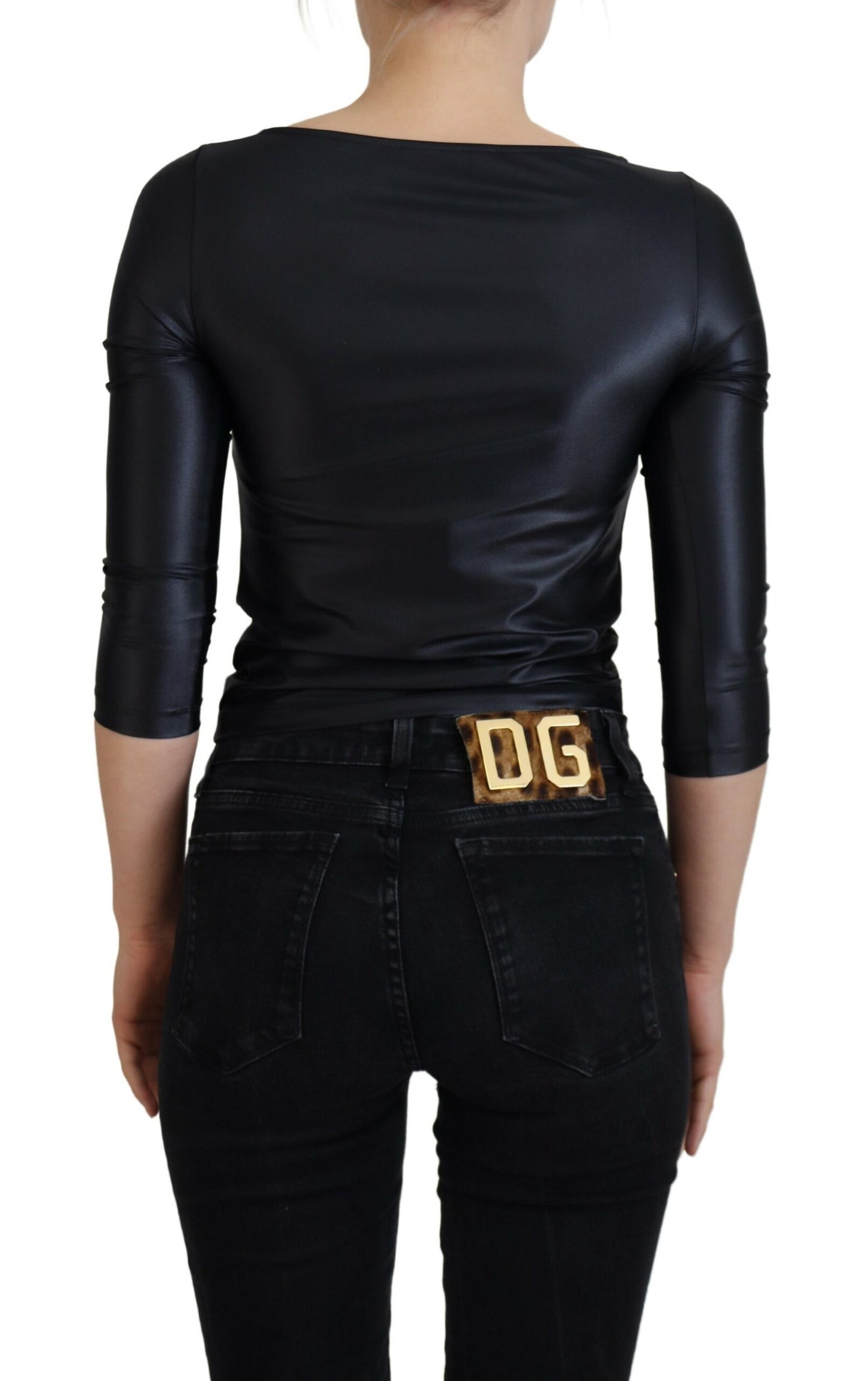 Top de algodón elástico negro con mangas 3/4 y pecho abierto