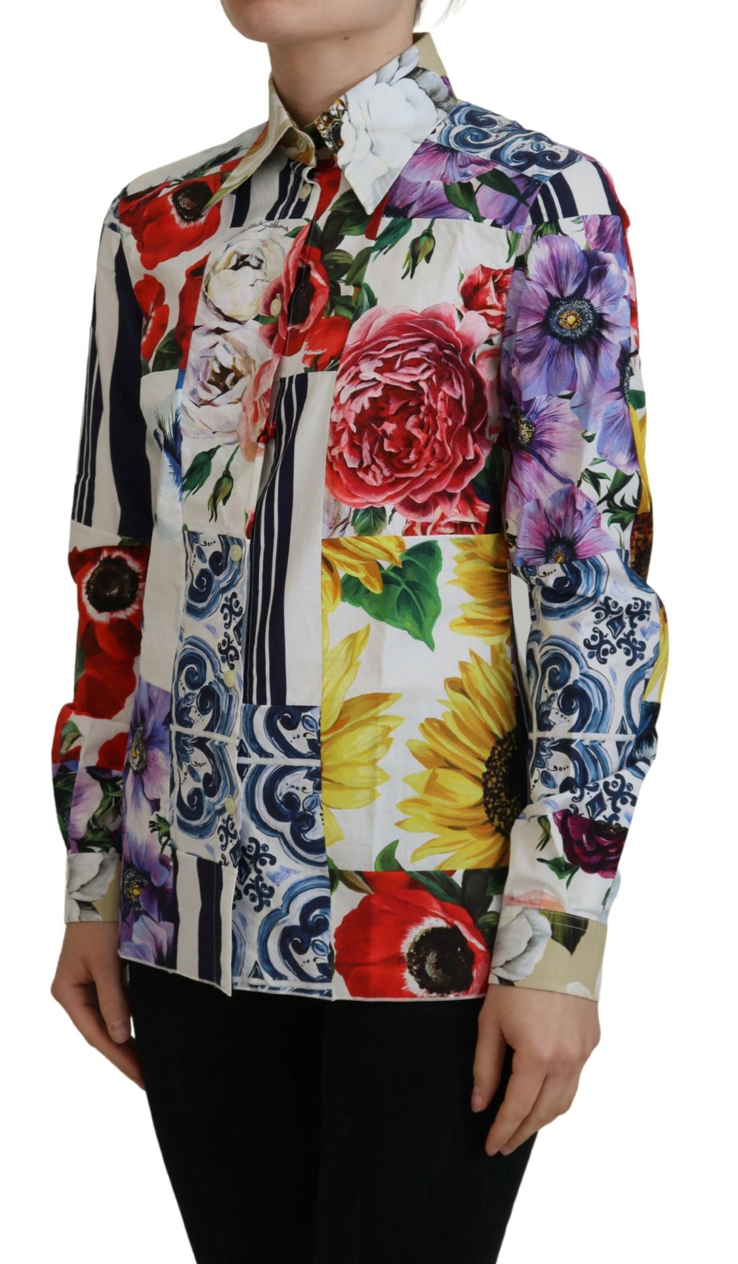 Blusa de algodón con cuello y estampado floral multicolor