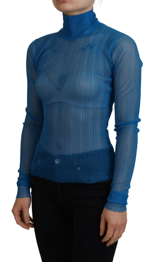 Blusa de manga larga con cuello alto y malla azul