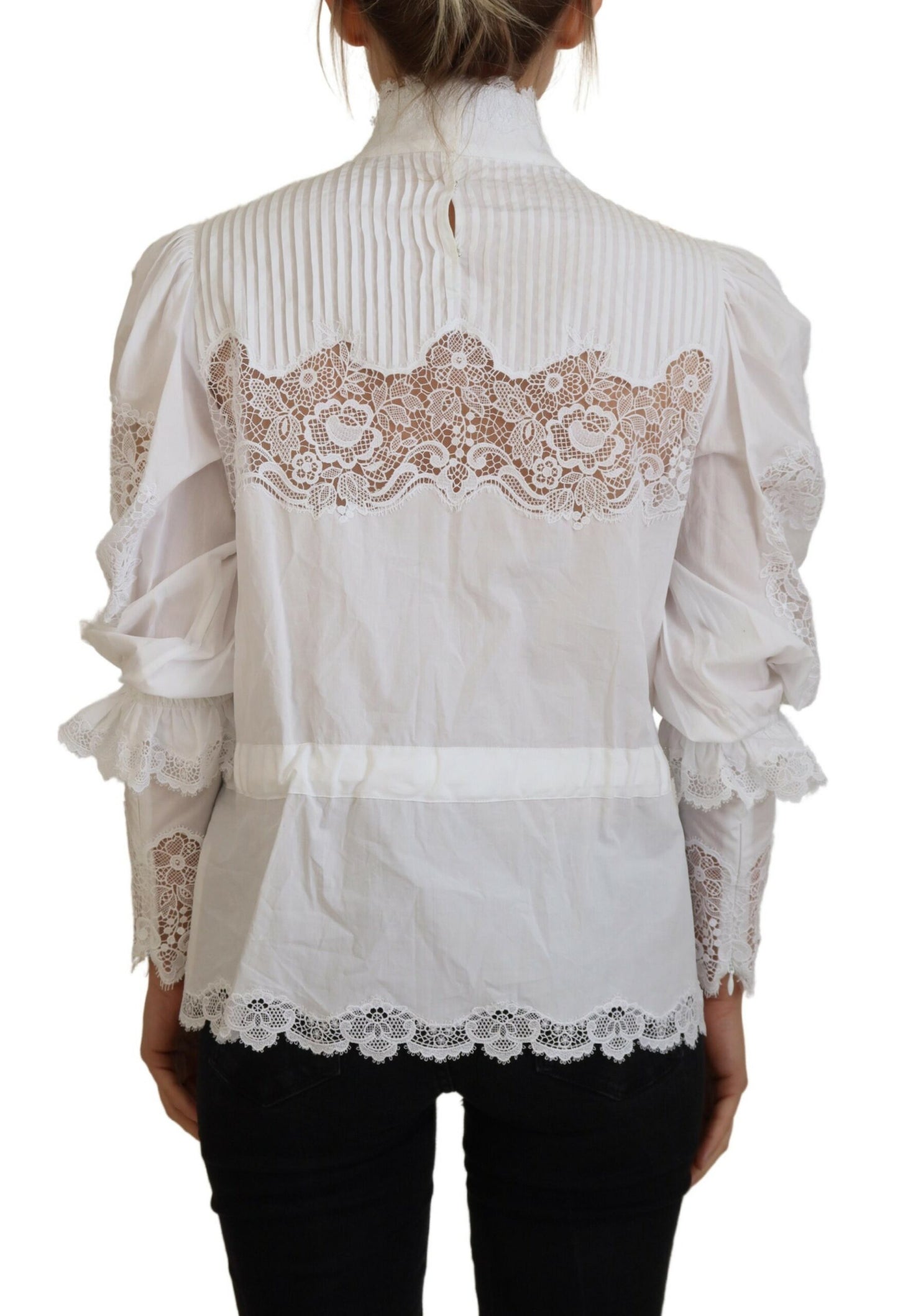 Blusa de cuello alto con ribete de encaje de algodón blanco