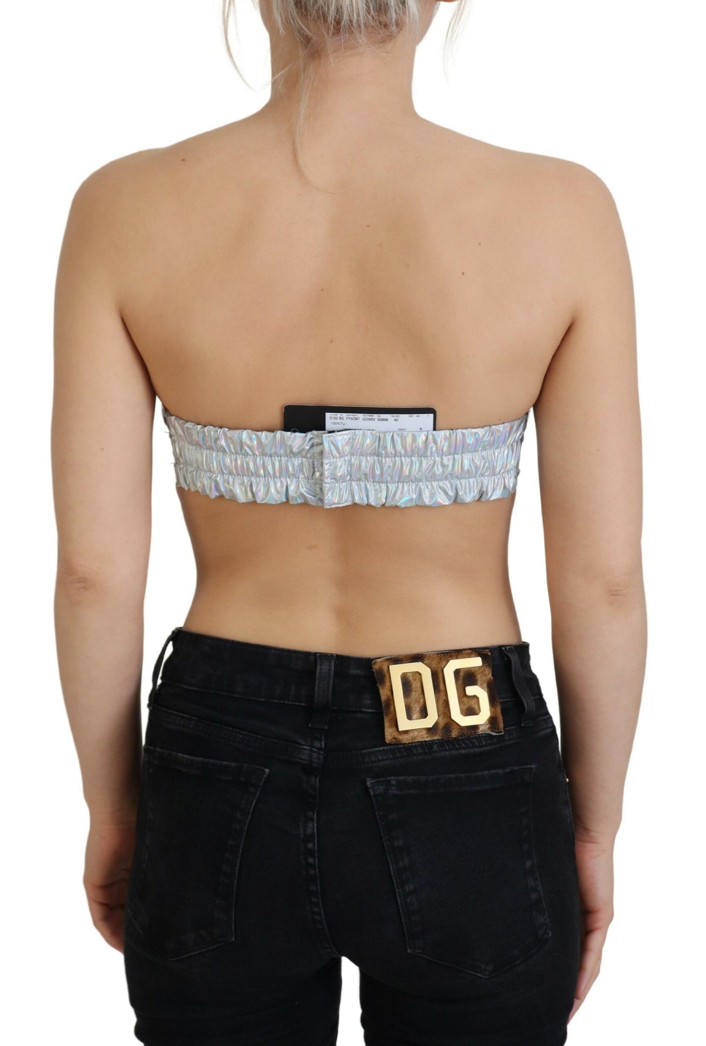 Top tipo bustier con efecto holográfico plateado