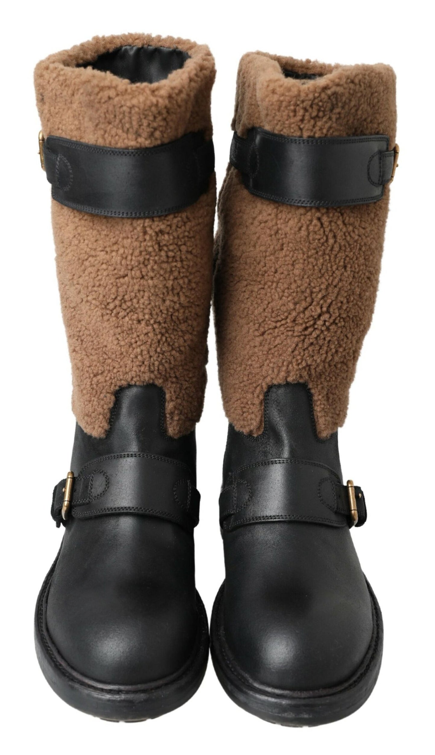 Botas de piel de oveja marrón y cuero negro