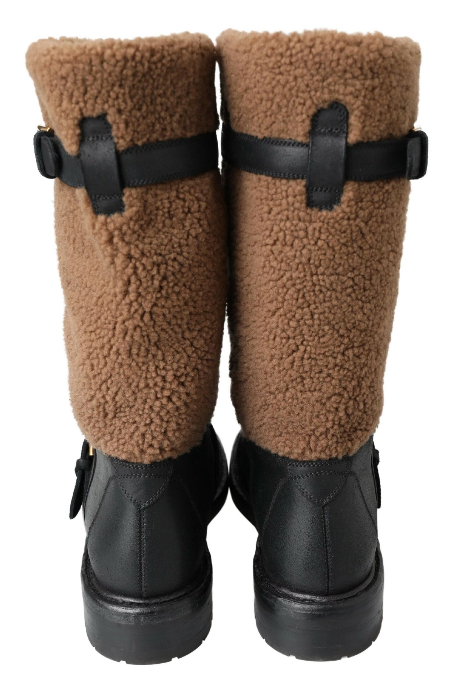 Botas de piel de oveja marrón y cuero negro