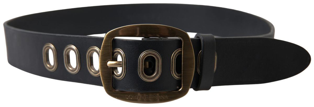 Cinturón de cuero negro con hebilla de metal dorado para hombre