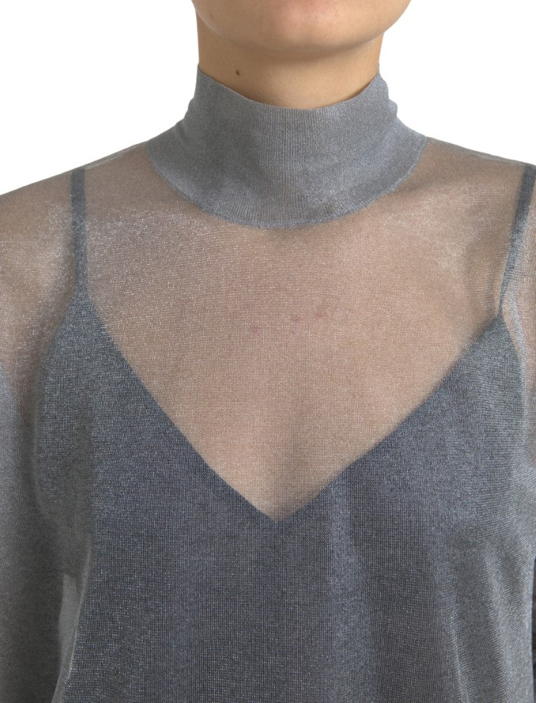 Blusa de manga larga con cuello alto y malla gris