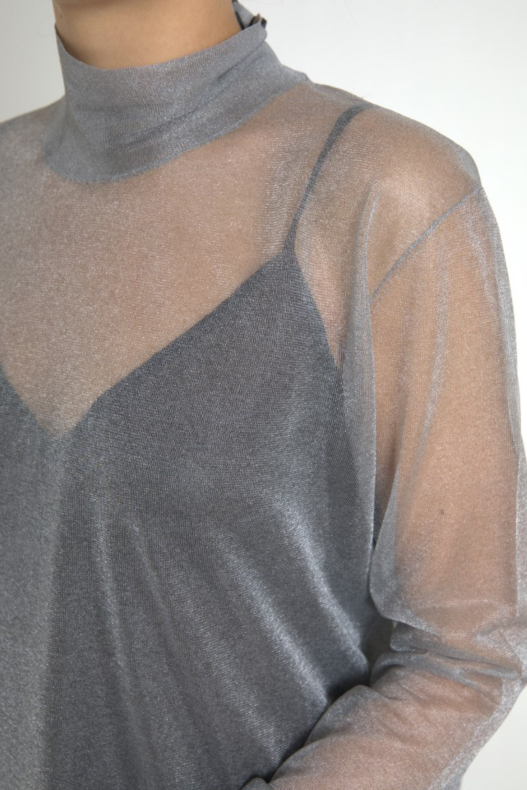 Blusa de manga larga con cuello alto y malla gris