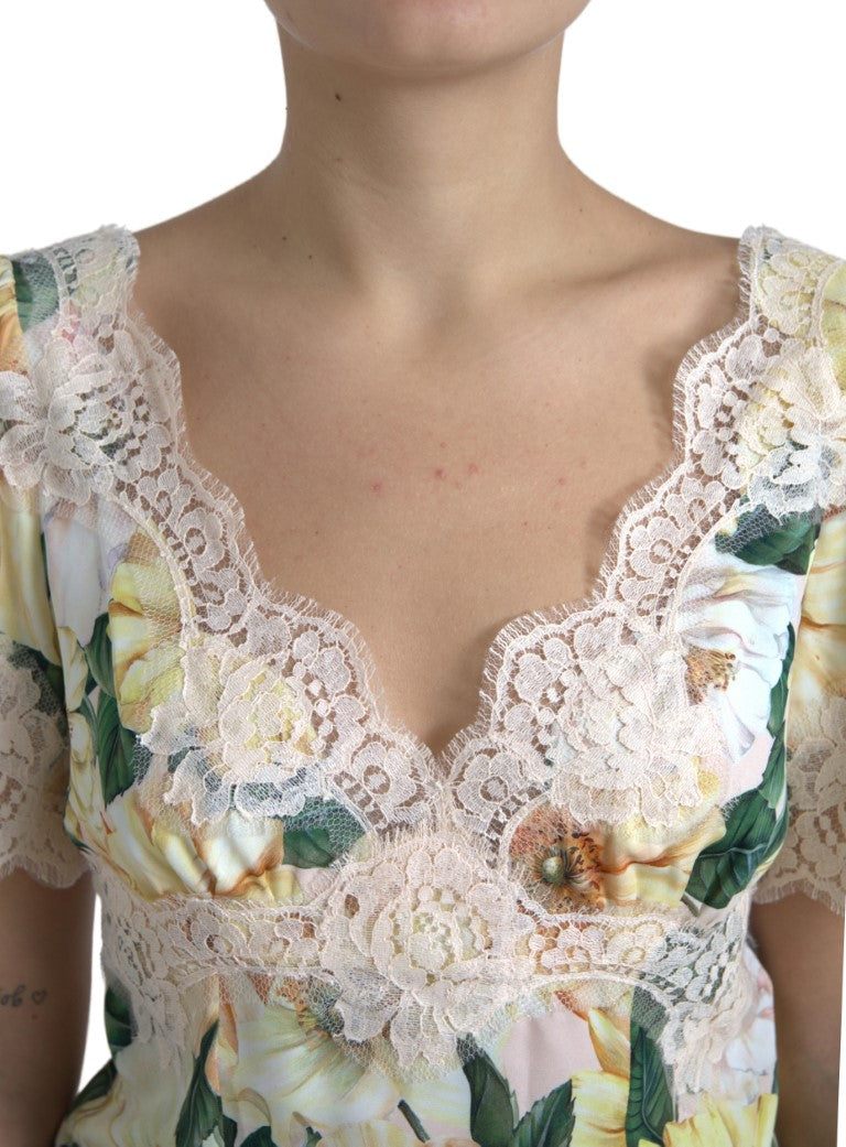 Blusa de cuello en V con encaje floral multicolor