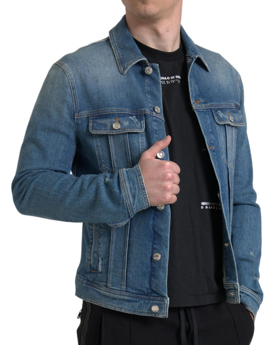 Chaqueta vaquera elástica de algodón lavado azul para hombre
