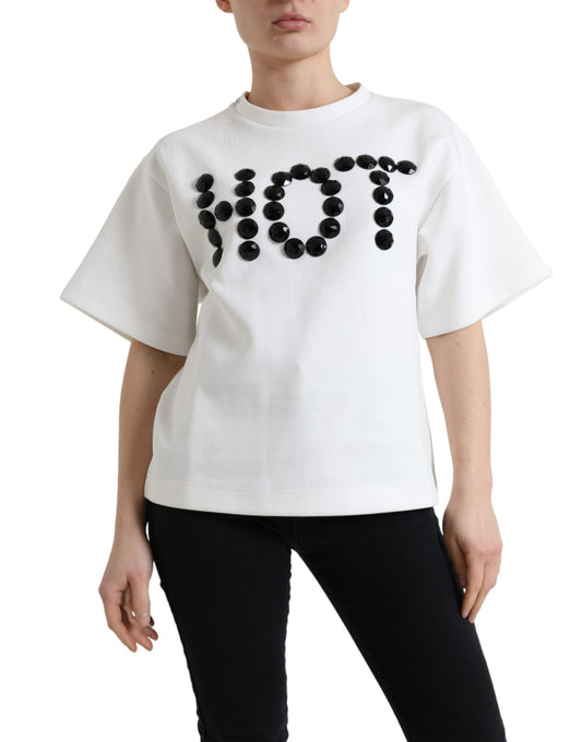 T-shirt en coton extensible blanc et cristal noir HOT