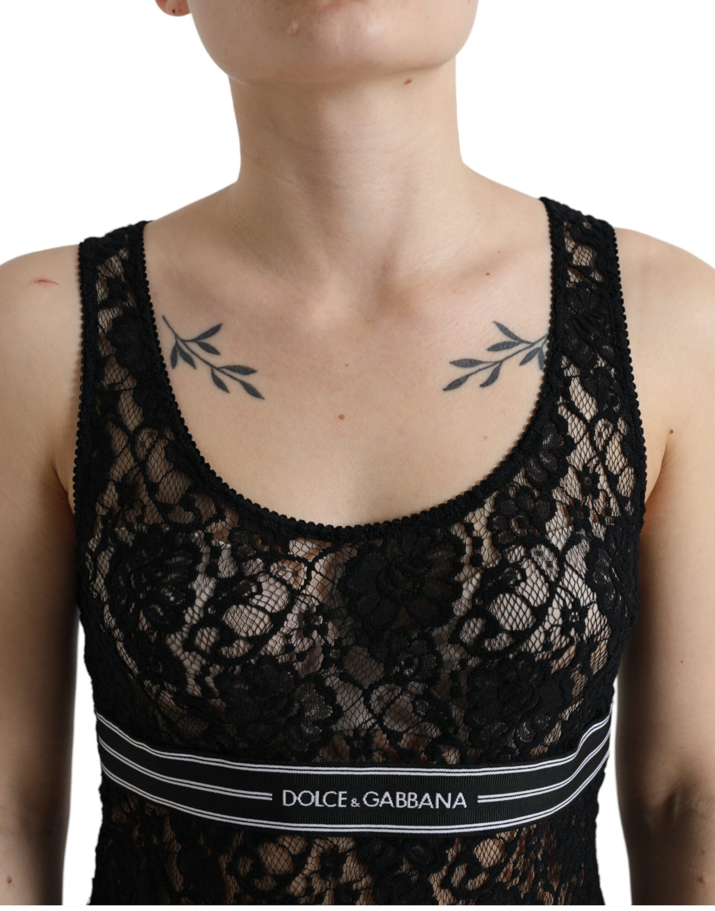 Camiseta sin mangas de encaje con rayas y logotipo negro