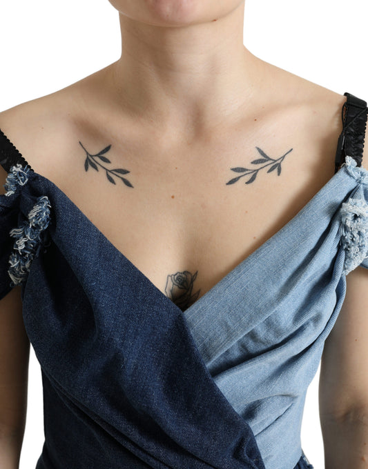 Minivestido vaquero de dos tonos con patchwork azul