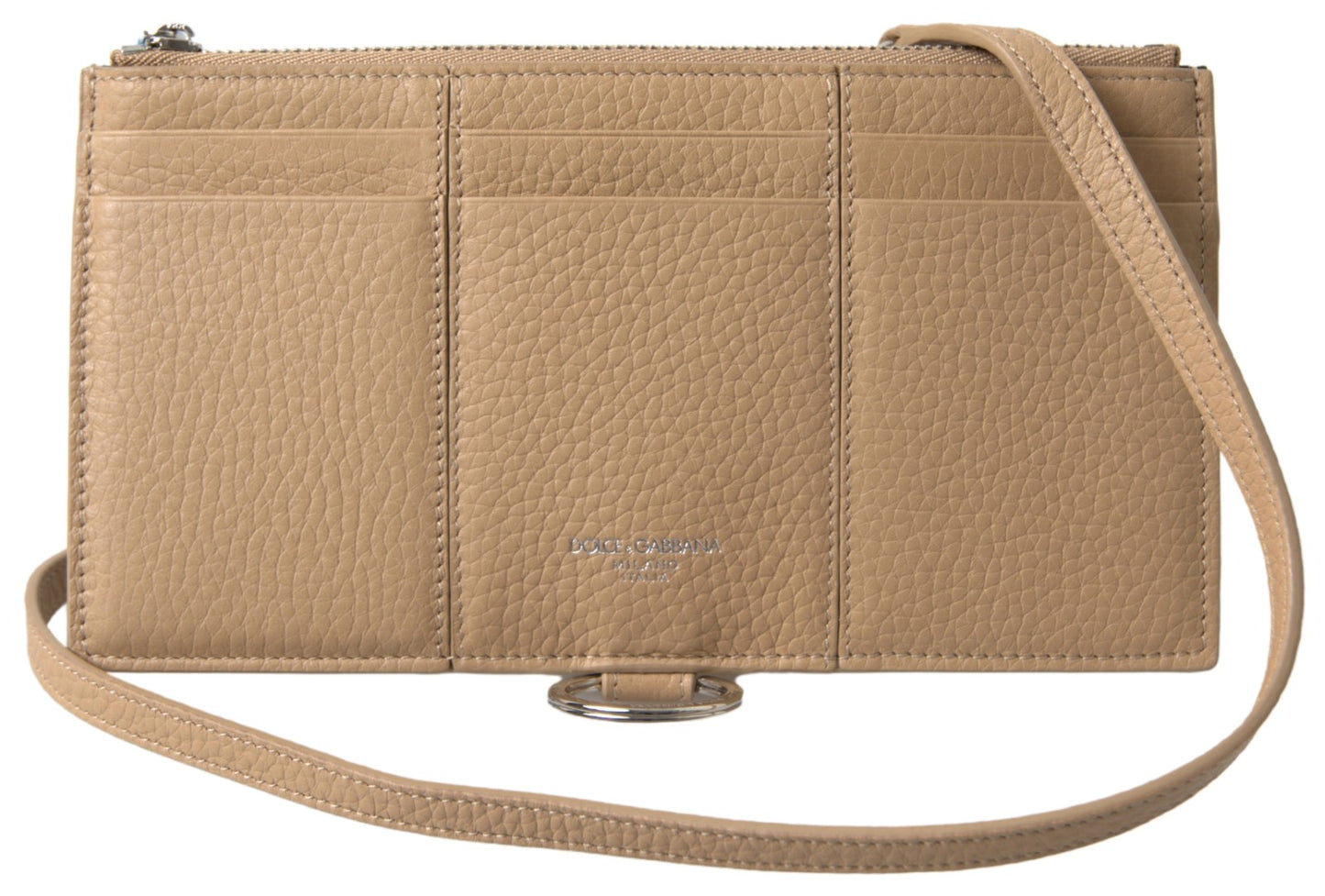 Tarjetero de hombro de cuero beige con correa para el hombro
