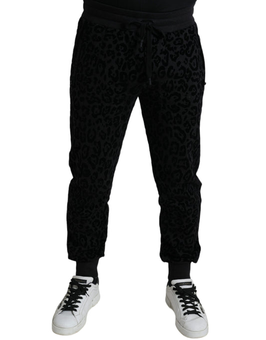 Pantalones deportivos ajustados de algodón con estampado de leopardo negro