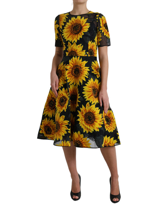 Vestido midi de nailon con estampado de girasoles negros