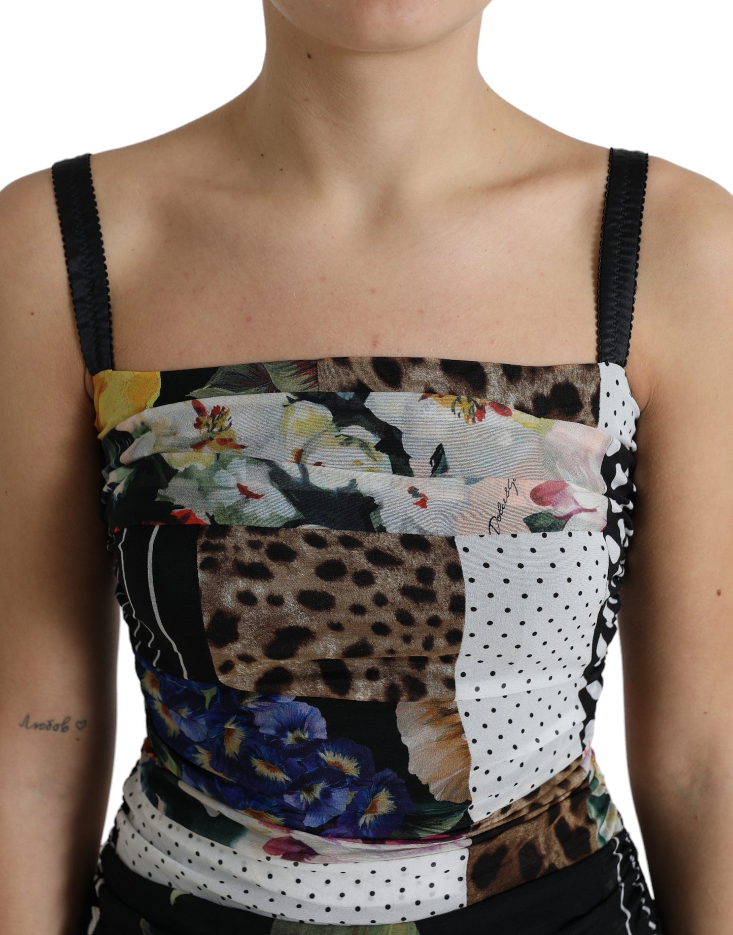 Vestido midi ajustado con estampado de leopardo y estampado floral de patchwork multicolor
