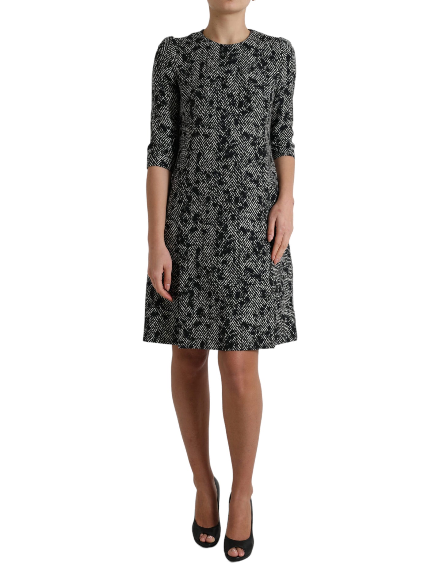 Robe courte droite en polyester à chevrons noirs