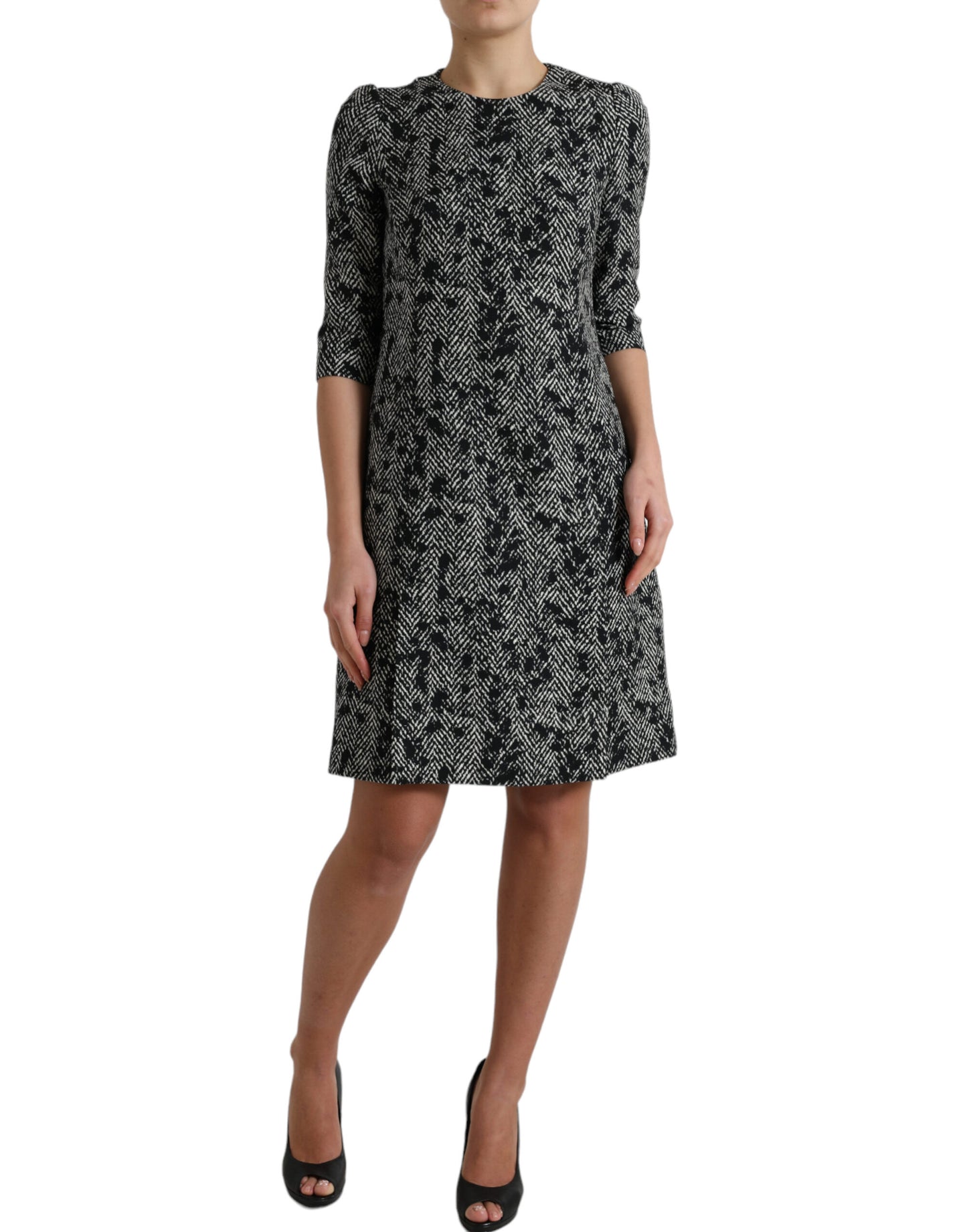Robe courte droite en polyester à chevrons noirs