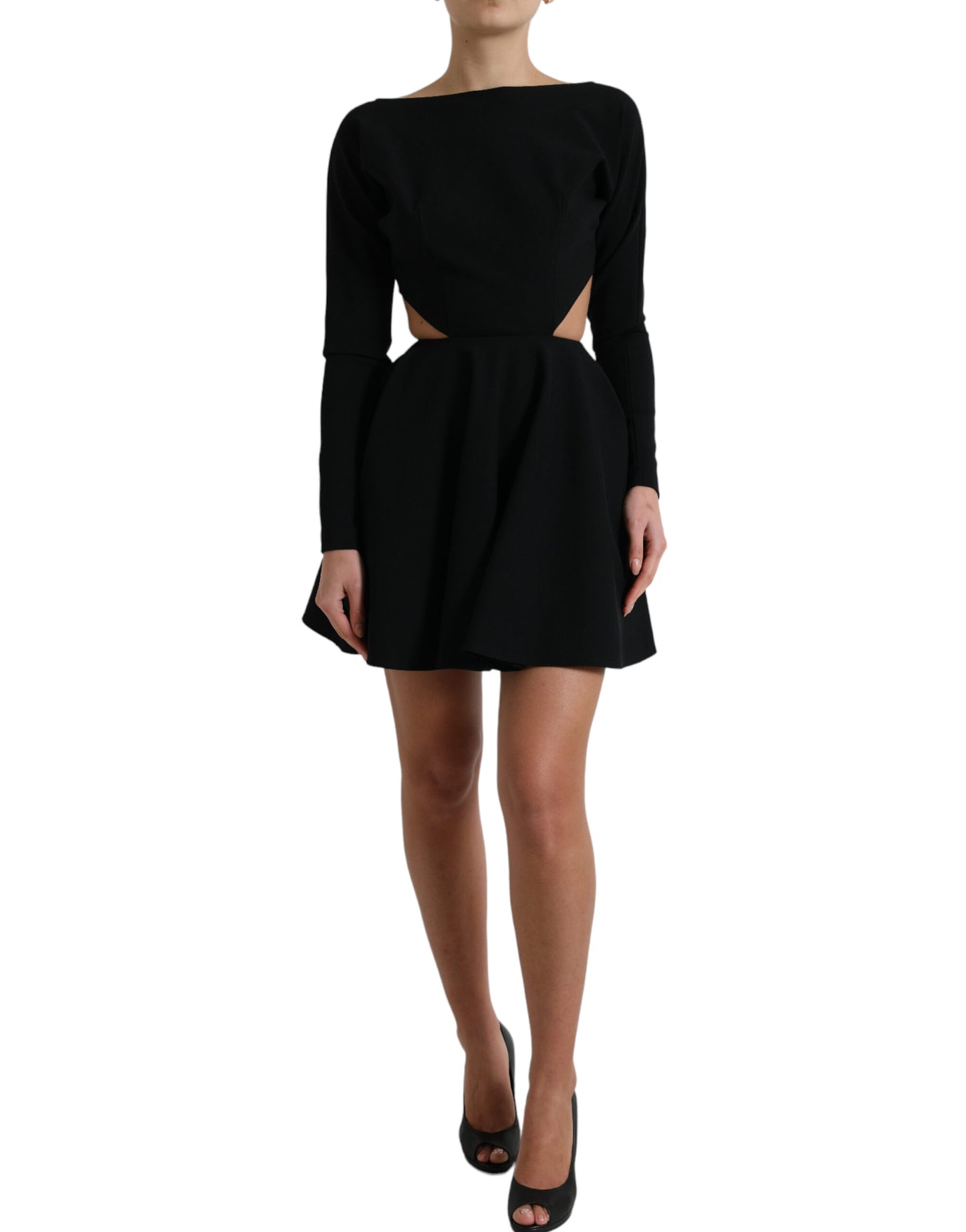 Mini-robe trapèze à manches longues en viscose noire découpée