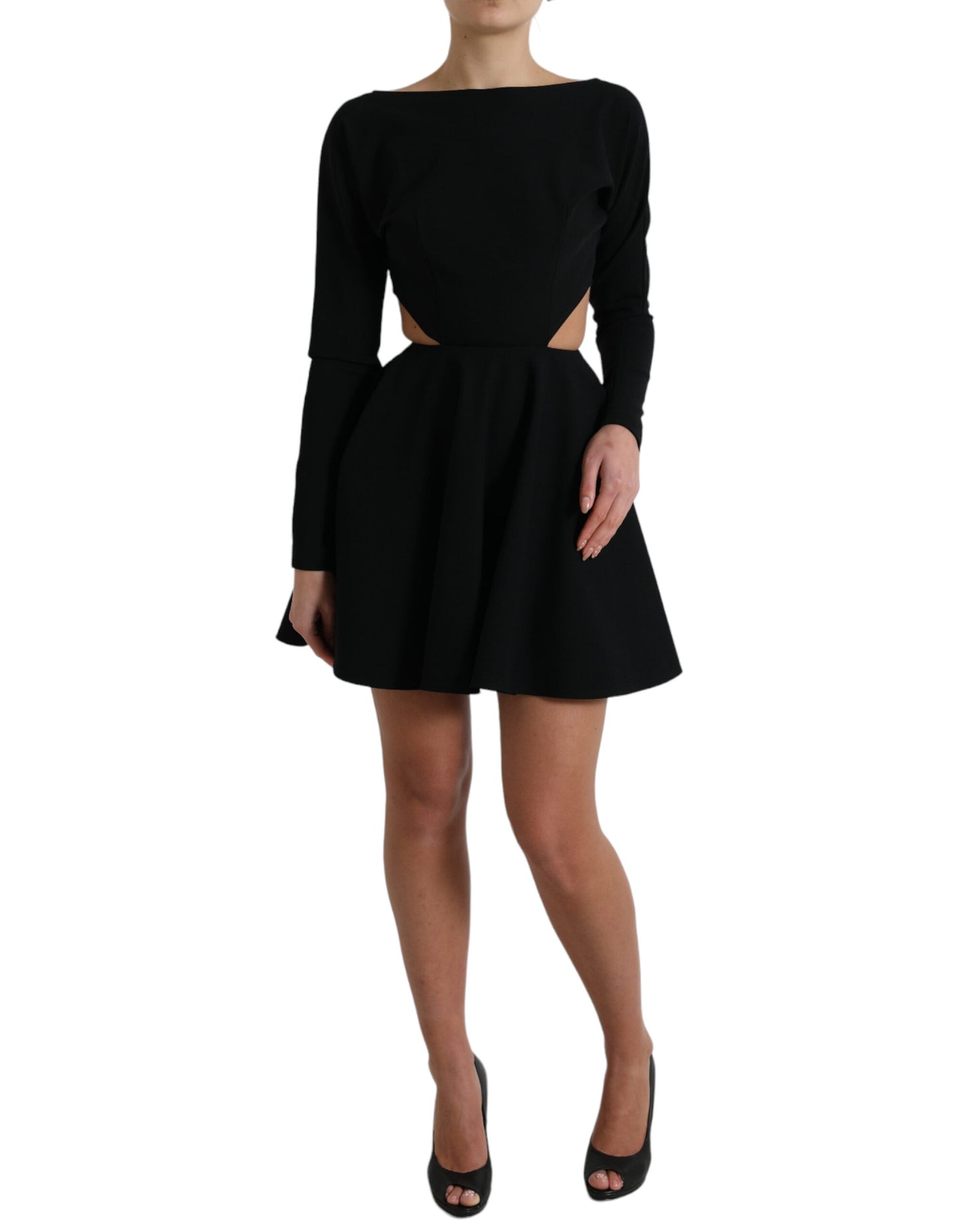 Mini-robe trapèze à manches longues en viscose noire découpée