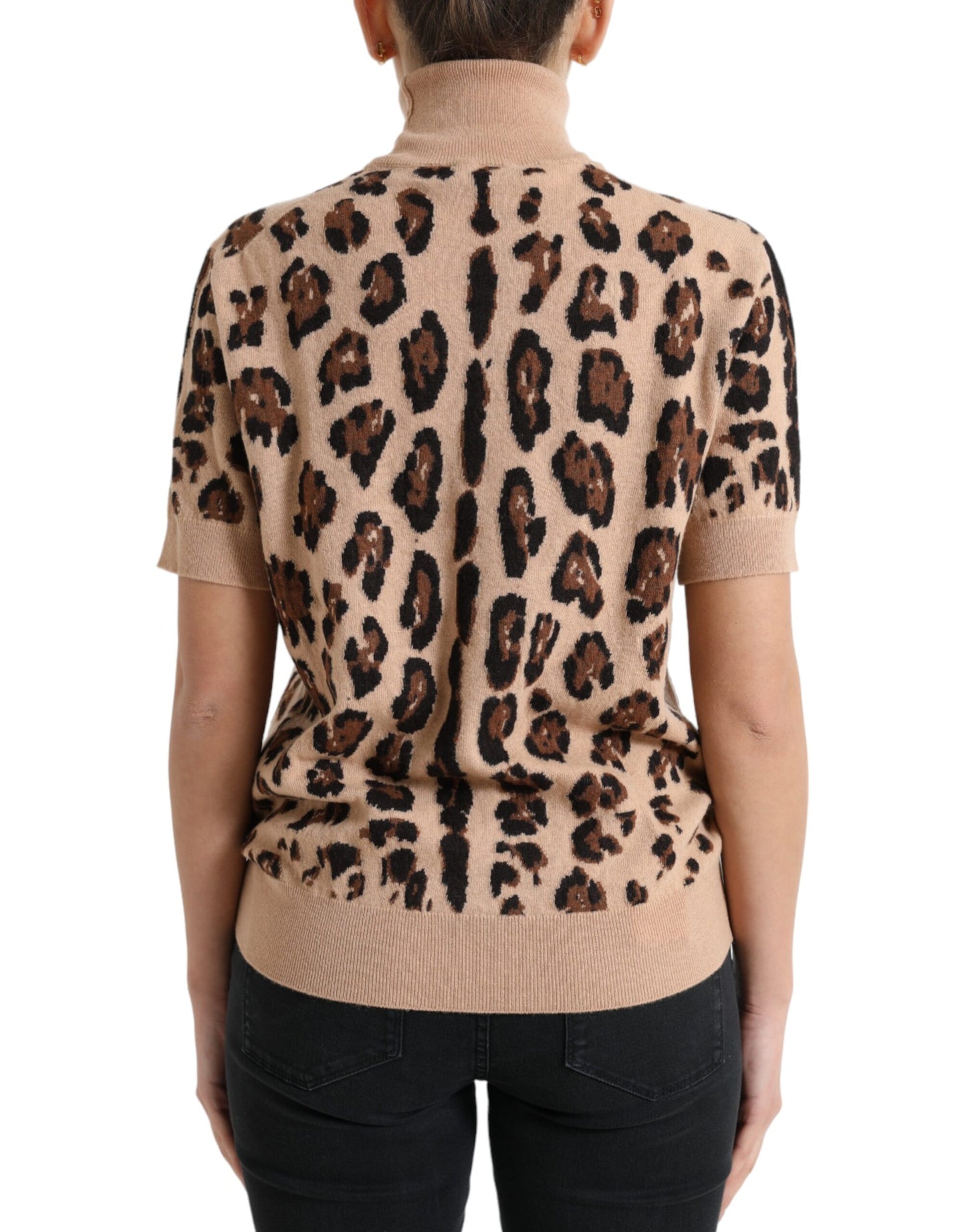 Top de cuello alto de lana con estampado de leopardo beige