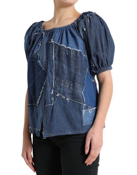 Blusa vaquera de manga corta con patchwork azul