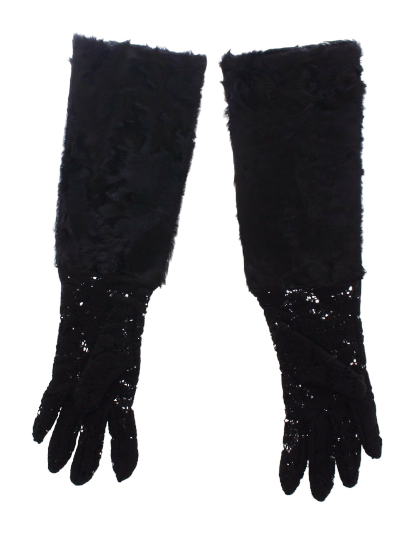 Gants de coude en laine et fourrure d'agneau noirs et dentelle