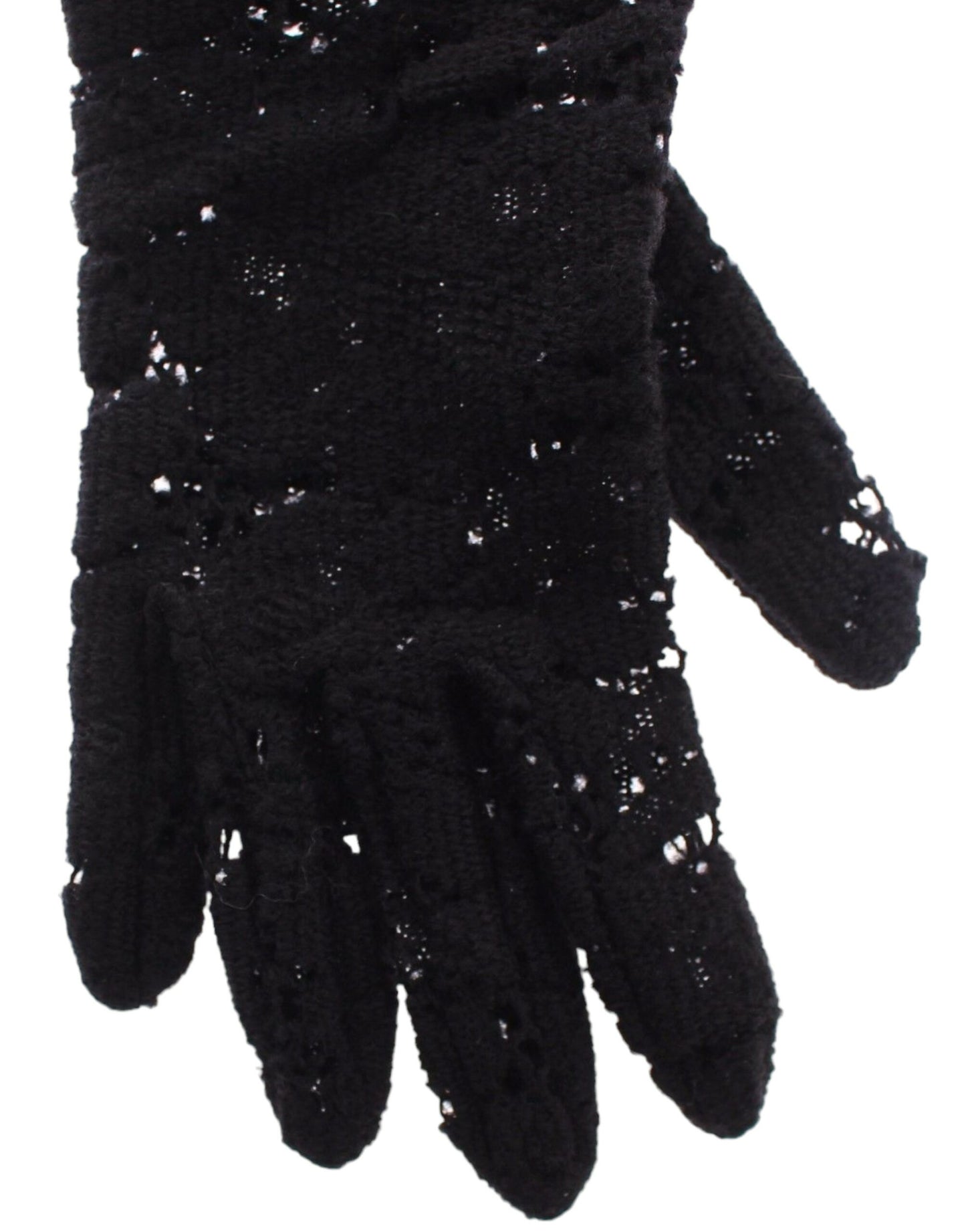 Gants de coude en laine et fourrure d'agneau noirs et dentelle